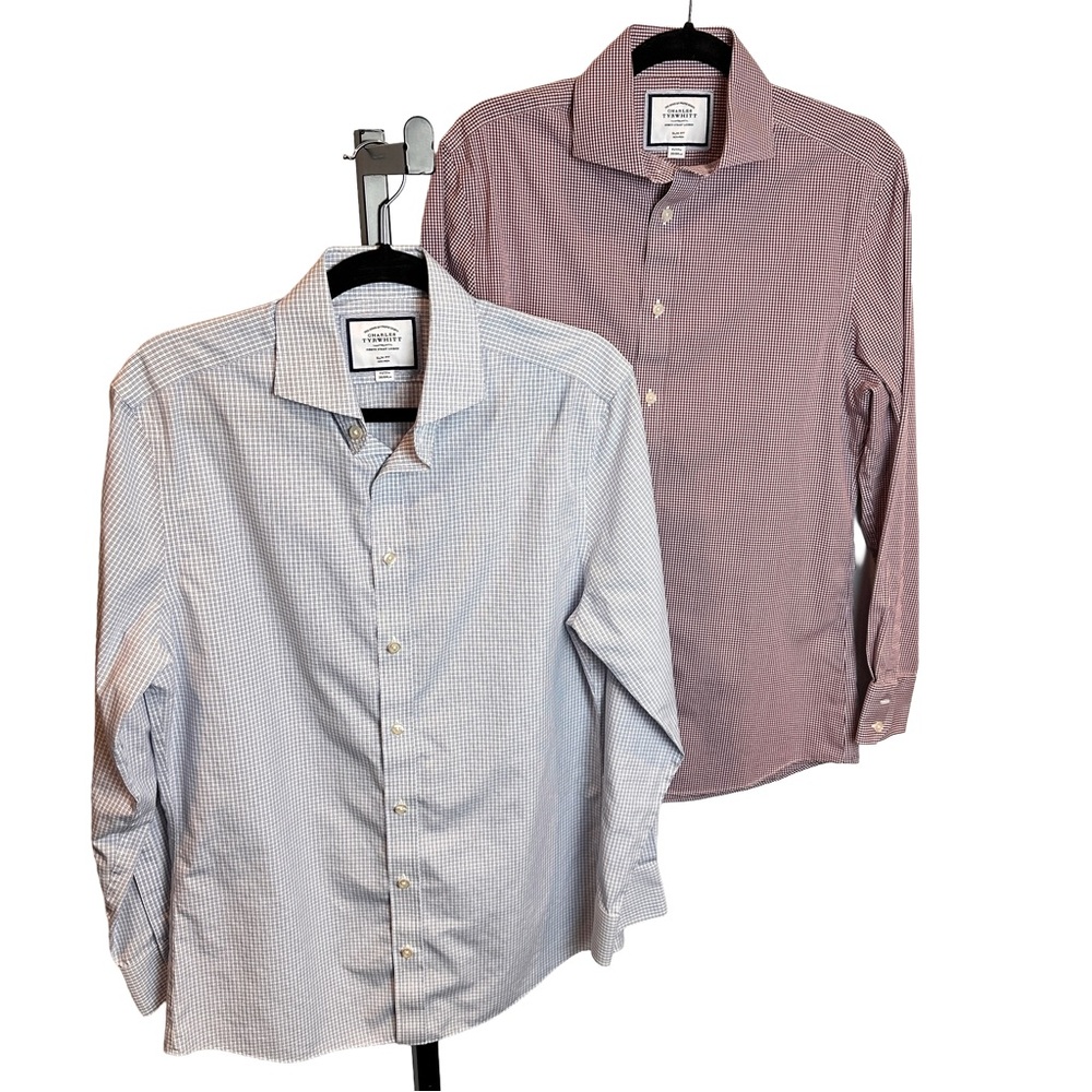 Charles Tyrwhitt Pair Slim Fit Non Iron Dress‎ Shirts Gray & Burgundy 15/33